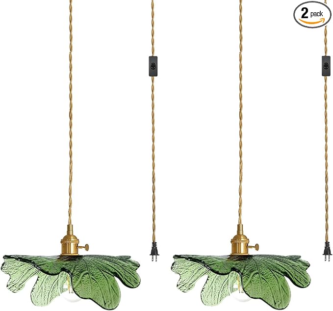2 Pack Plug in Pendant Light, 14.75ft Cord Hanging Light with Hand Blown Green Glass Shade, Brass Pendant Lamp Plug in Hanging Lighting for Kitchen Island Bedroom Living Room Dining Room