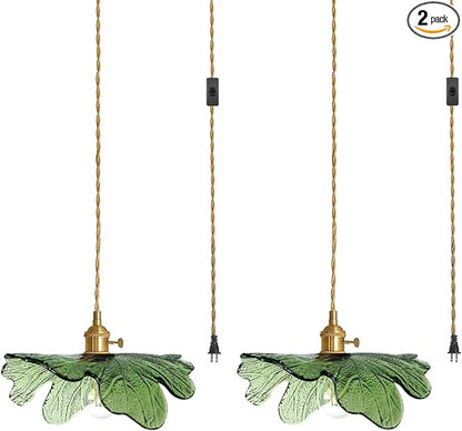 2 Pack Plug in Pendant Light, 14.75ft Cord Hanging Light with Hand Blown Green Glass Shade, Brass Pendant Lamp Plug in Hanging Lighting for Kitchen Island Bedroom Living Room Dining Room