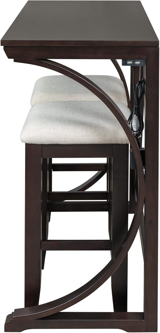Rustic Dining Table Set, Farmhouse 3-Piece Counter Height Dining Table Set with USB Port and Upholstered Stools for Small Places (Espresso/Farmhouse-A)