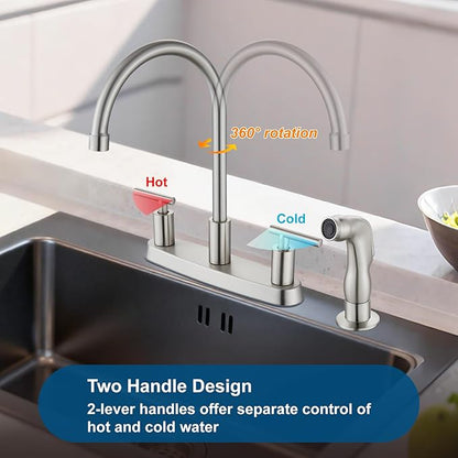 Kitchen Faucets, High Arc 360°Rotating Spout Kitchen Sink Faucet, 2 Handle 8 Inch Centerset RV Kitchen Faucet with Supply Lines, 3 or 4 Hole Kitchen Faucet with Side Sprayer, Brushed Nickel