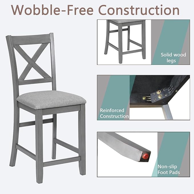 Set of 4 Dining Chairs, Wooden Kitchen Chairs with Padded Cushion, Upholstered Stools for Kitchen Island, Dining Room, Living Room, Easy Assembly (Gray - X-Shaped backrest)