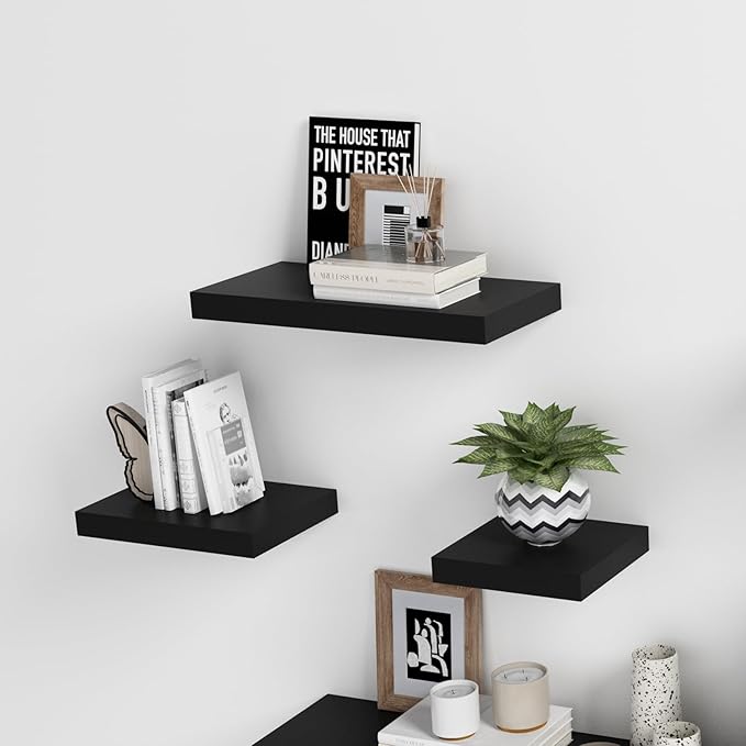 WELLAND 24 inch Black Mission Floating Shelves for Wall, Bathroom Wall Mount Shelves, Wood Modern Display Shelves, Book Shelves,for Bedroom,Living Room and Kitchen