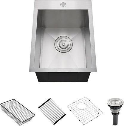 15 Inches Drop In Stainless Steel Kitchen Bar Sink, Luckyhorse 15” x 18” x 10” 18 Gauge Stainless Steel Kitchen Outdoor Sink RV Sink LH019LQ