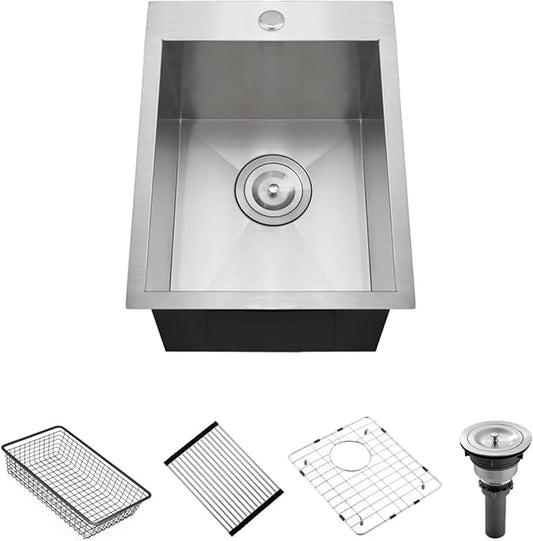 15 Inches Drop In Stainless Steel Kitchen Bar Sink, Luckyhorse 15” x 18” x 10” 18 Gauge Stainless Steel Kitchen Outdoor Sink RV Sink LH019LQ
