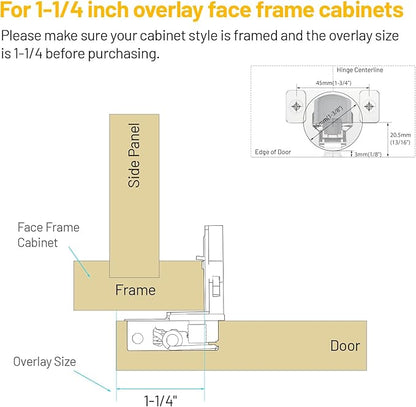 Furniware 20 Pack 10 Pairs 1-1/4 inch Overlay Soft Close Hinges for Face Frame Kitchen Cabinet Hinges Satin Nickel - 3 Way Adjustability Concealed Soft Close Hinges Damper Self Closing