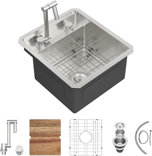 16x17 Inch Outdoor Sink Undermount RV Sink Workstation 16 Gauge Stainless Steel Single Bowl Handmade Concealed Outdoor Kitchen Sinks With Folding Faucet 16"x17"x9"