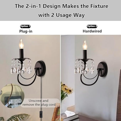 Black Wall Sconces,Vintage Crystal Wall Sconce Wall Light Fixtures,Farmhouse Candle Wall Sconce Indoor Bedside Mid Century for Bathroom Bedroom Living Room Hallway Entryway Stairs