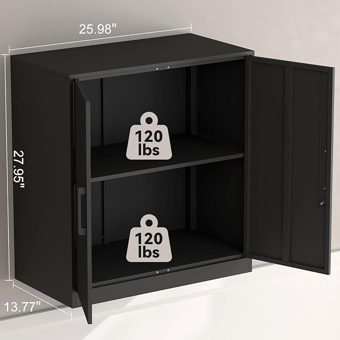 IRONFFICE Metal Wall Cabinet,Garage Wall Cabinet with Handle,Lockable Storage Cabinets Wall Mounted with 2 Doors,Locking Cabinet with Shelves for Basement,Living Home,Black