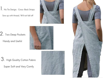 Larmliss Women's Pinafore Square Apron Baking Cooking Gardening Works Cross Back Cotton/Linen Blend Dress with 2 Pockets