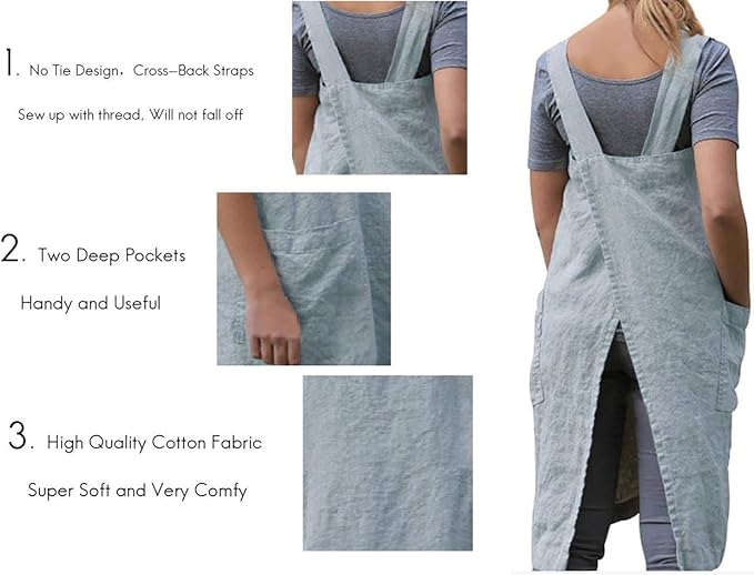 Larmliss Women's Pinafore Square Apron Baking Cooking Gardening Works Cross Back Cotton/Linen Blend Dress with 2 Pockets