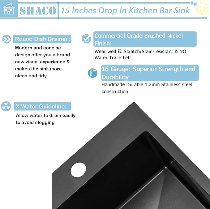 SHACO 15x15 Drop In Black Bar Sink, 15 Inch Stainless Steel Top Mount Gunmetal Black 16 Gauge Single Bowl Small Kitchen Outdoor RV Sink with Strainer Drain