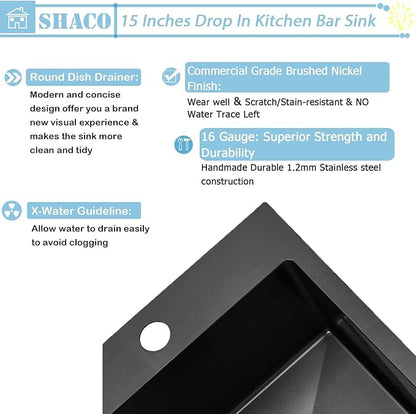 SHACO 15x15 Drop In Black Bar Sink, 15 Inch Stainless Steel Top Mount Gunmetal Black 16 Gauge Single Bowl Small Kitchen Outdoor RV Sink with Strainer Drain
