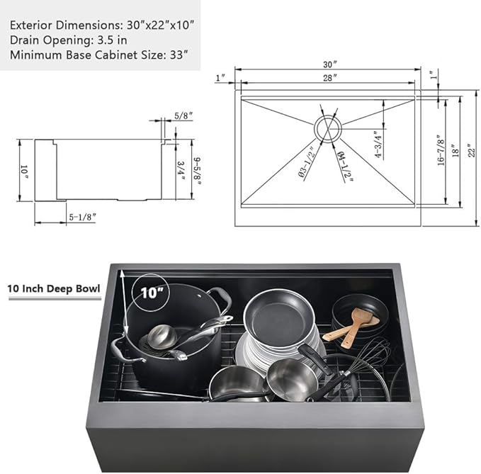 30 Inch Black Farmhouse Sink Workstation-VASOYO 30x22 Black Stainless Steel Kitchen Sink Undermount Farmhouse Sinks 16 Gauge Deep Single Bowl Apron Front Farm Sinks with Cutting Board