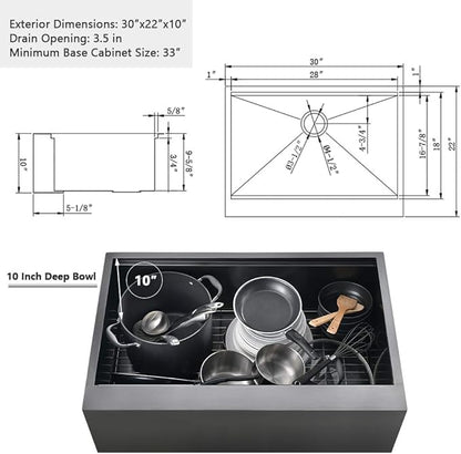 30 Inch Black Farmhouse Sink Workstation-VASOYO 30x22 Black Stainless Steel Kitchen Sink Undermount Farmhouse Sinks 16 Gauge Deep Single Bowl Apron Front Farm Sinks with Cutting Board