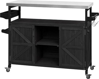 Modern Dining Table Outdoor Kitchen Island with Cabinet, Rolling Bar Cart, Farmhouse Solid Wood Grill Table with Stainless Steel Top, Spice Rack, Towel Rack for Kitchen Dining Room Tables,Blac