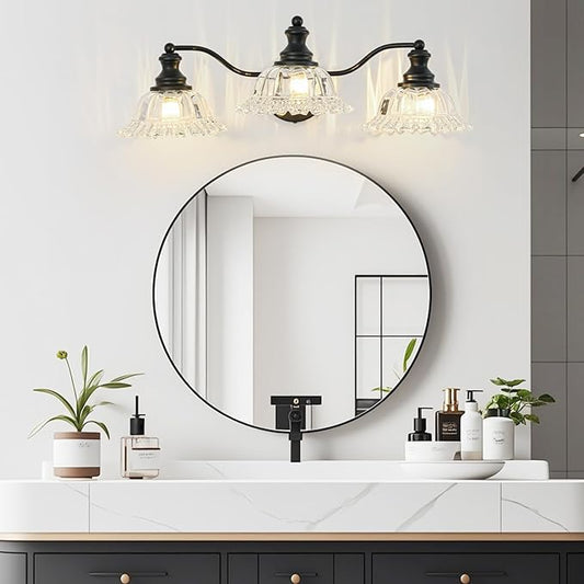 Black Bathroom Light Fixtures Over Mirror, 3 Light Vintage Bathroom Vanity Light Fixture with Clear Flower Glass Shades, Retro Vanity Lights for Bathroom, Bathroom Vanity Lights Over Mirror