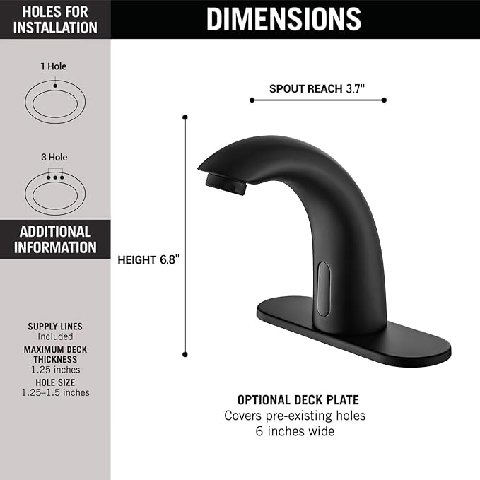 Touchless Bathroom Sink Faucet - Automatic Motion Sensor - Battery Operated for Commercial Lavatory Bathroom, Matte Black