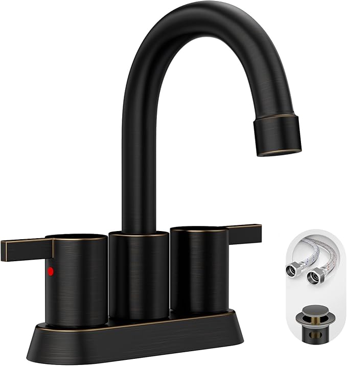 Phiestina 2 or 3 Holes Oil Rubbed Bronze 4 Inch 2 Handle Centerset Lead-Free Bathroom Sink Faucet, 360 Degree Swivel Spout with Copper Pop Up Drain and 2 Water Supply Lines, BF015-1-ORB