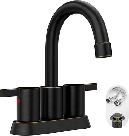 Phiestina 2 or 3 Holes Oil Rubbed Bronze 4 Inch 2 Handle Centerset Lead-Free Bathroom Sink Faucet, 360 Degree Swivel Spout with Copper Pop Up Drain and 2 Water Supply Lines, BF015-1-ORB