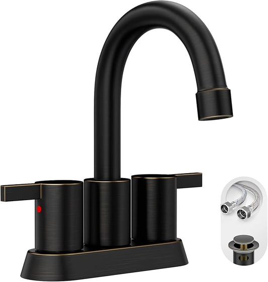 Phiestina 2 or 3 Holes Oil Rubbed Bronze 4 Inch 2 Handle Centerset Lead-Free Bathroom Sink Faucet, 360 Degree Swivel Spout with Copper Pop Up Drain and 2 Water Supply Lines, BF015-1-ORB