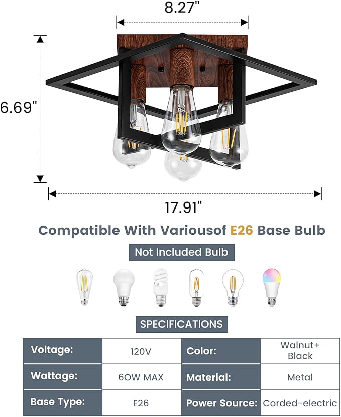 Semi Flush Mount Ceiling Light Fixture, 4 Light Industrial Ceiling Light with Black Frame & Wood Grain Accent, Close to Ceiling Farmhouse Lighting for Kitchen, Bathroom, Bedroom, Hallway (E26,1-Pack)