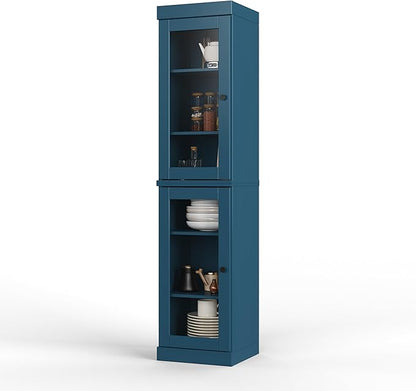 Palace Imports Solid Wood Kitchen Pantry Cabinet w/Glass Doors - Narrow Storage Cabinet - 16.5" Wide x 71.5" Tall - Teal Blue, Adjustable Shelves, 100% Eco-Friendly Wood, Modular Cabinets