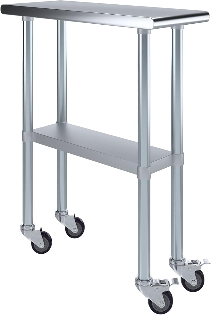 Stainless Steel Work Table with Wheels | NSF Kitchen Island Food Prep | Laundry Garage Utility Bench (Table + Wheels, 12" Long x 30" Deep)