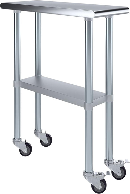 Stainless Steel Work Table with Wheels | NSF Kitchen Island Food Prep | Laundry Garage Utility Bench (Table + Wheels, 12" Long x 30" Deep)