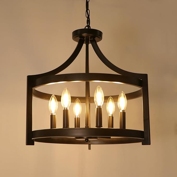 LynPon 6 Lights Large Modern Farmhouse Chandelier, 19" Convertible Semi Flush Mount Ceiling Light Fixture Hanging Light Rustic Round Cage Black Chandelier for Foyer Dining Room Kitchen Entryway