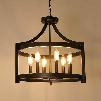 LynPon 6 Lights Large Modern Farmhouse Chandelier, 19" Convertible Semi Flush Mount Ceiling Light Fixture Hanging Light Rustic Round Cage Black Chandelier for Foyer Dining Room Kitchen Entryway