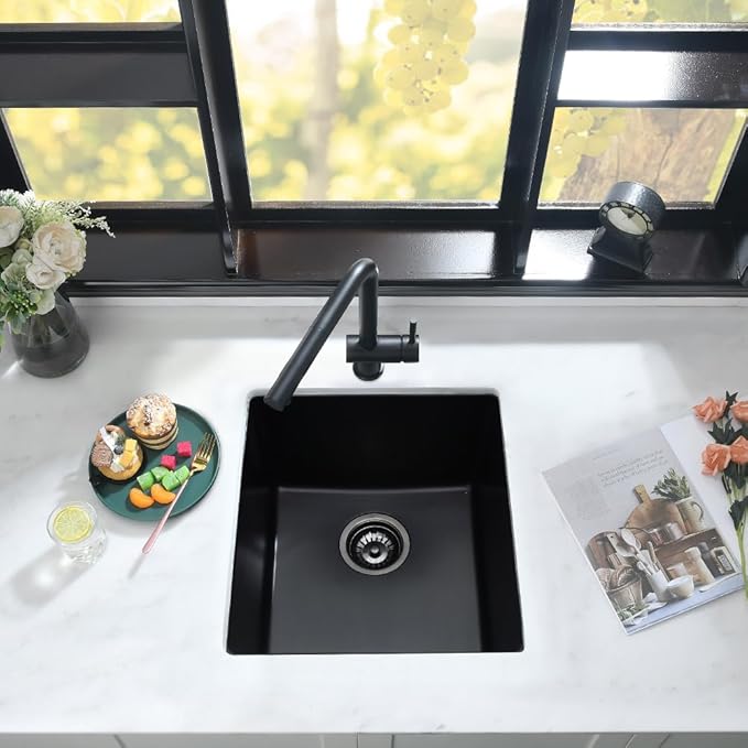 15 Inch Black Bar Sink Undermount Quartz-iAnomla 15x15 Undermount Bar Sink Black Bar Prep Sink Quartz Composite Small Rv Kitchen Sink Single Bowl Mini Kitchen Sink with Bottom Grid