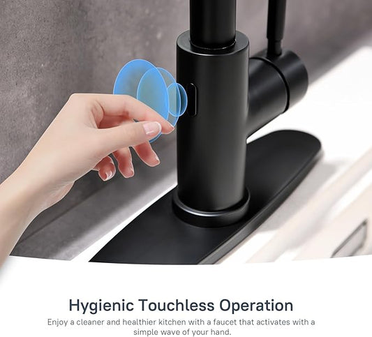 Arofa Black Touchless Bathroom Faucets, Kitchen Faucet with Pull Down Sprayer, Smart Motion Sensor Kitchen Sink Faucet, Stainless Steel Single Handle Kitchen Faucet, Matte Black