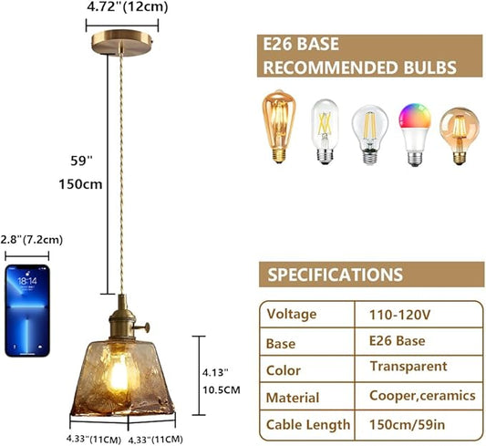Vintage Pendant Light Fixtures, Amber Glass Lampshade with Switch Indoor Pendant Lighting for Bedside Dining Room Bathroom, Brass