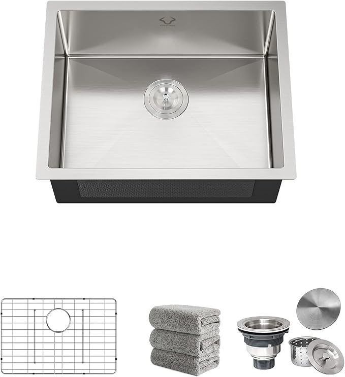 Kitchen Sinks 23x18 Inch Undermount Kitchen Sink Stainless Steel Sink 16 Gauge Single Bowl Sinks Set (5 Item Bundle: Sink, Bottom Grid, Drain Assembly, Drain Cap, Towel)