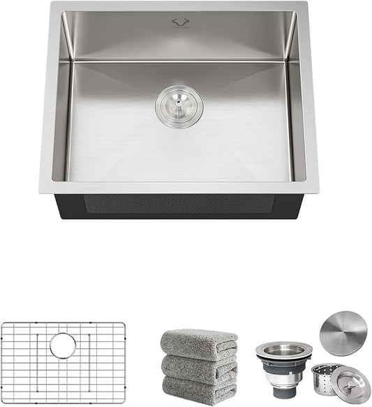 Kitchen Sinks 23x18 Inch Undermount Kitchen Sink Stainless Steel Sink 16 Gauge Single Bowl Sinks Set (5 Item Bundle: Sink, Bottom Grid, Drain Assembly, Drain Cap, Towel)