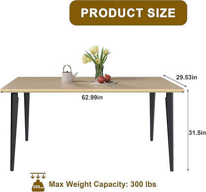 Dining Table, Wooden Tabletop & Rust-Resistant Iron Legs, Rectangular Kitchen Table for 6-8 People, Rustic Industrial Design for Dining Room, Patio (63 in Only Table)