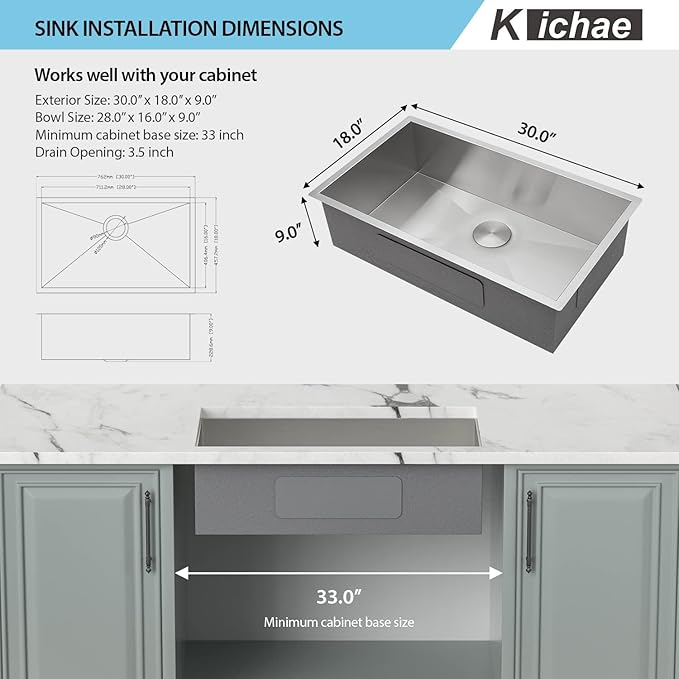 Kichae 30 Inch Undermount Kitchen Sink Single Bowl 16 Gauge Stainless Steel Under Counter Round Corner Handmade Kitchen Sink Single Basin,30x18x9 Inch