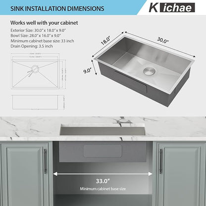 Kichae 30 Inch Undermount Kitchen Sink Single Bowl 16 Gauge Stainless Steel Under Counter Round Corner Handmade Kitchen Sink Single Basin,30x18x9 Inch