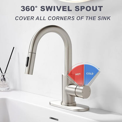 Bathroom Faucet with Pull Down Sprayer, Sink faucets Pull Out Faucet with Pop-Up Drain, 1 or 3 Hole Laundry Bar Basin Faucet with Deck Plate,Brushed Nickel