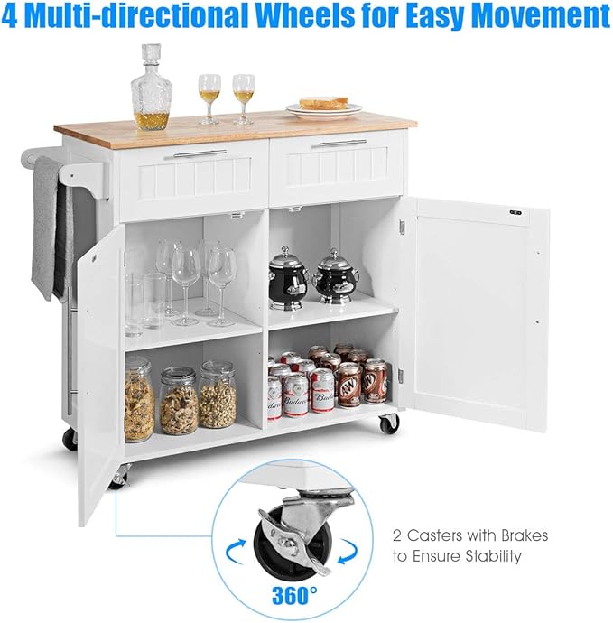 Giantex Kitchen Island Cart, Rolling Island Table with Rubber Wood Tabletop, 2 Drawers, Storage Cabinet & Towel Rack, Bar Kitchen Cart On Wheels for Dining Room (White)