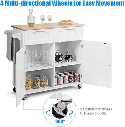 Giantex Kitchen Island Cart, Rolling Island Table with Rubber Wood Tabletop, 2 Drawers, Storage Cabinet & Towel Rack, Bar Kitchen Cart On Wheels for Dining Room (White)