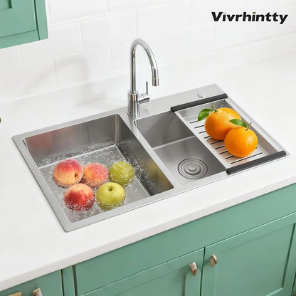 30-inch Kitchen Sink, Double Bowl Drop-in/Top-Mount 304 Stainless Steel with Nano Coating, Includes Drain Assembly & Fruit Basket for Modern Kitchen (30.7" x 16.9")