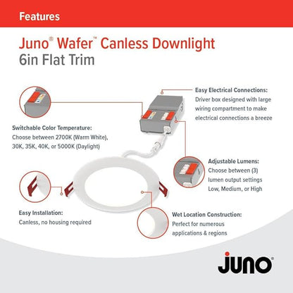 Juno LED Recessed Lights 6 Inch Round Baffle Wafer Downlight, 5-in-1 Switchable White Color Temperature, Adjustable Brightness, 120 Volts, 6-Inch Flat Trim, 1 Pack, Matte White