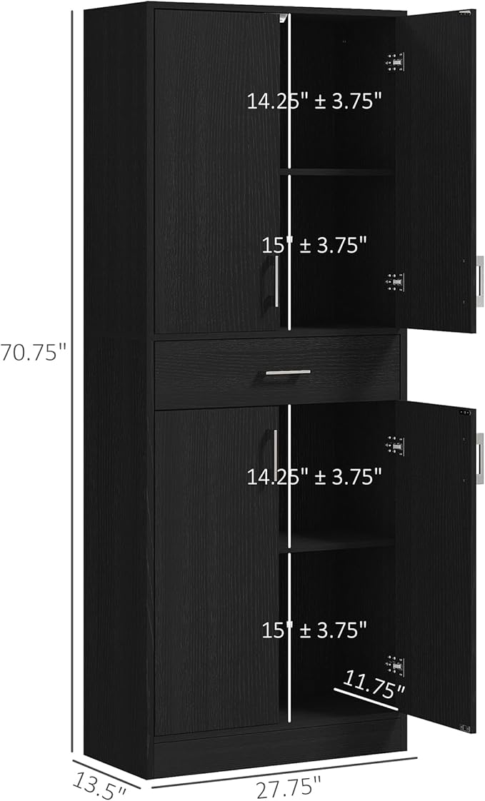 71" Kitchen Pantry, Freestanding Storage Cabinet with Drawer and Adjustable Shelf, 2 Double Door Cupboards, Black, Easy to Maintain, for Dining Room
