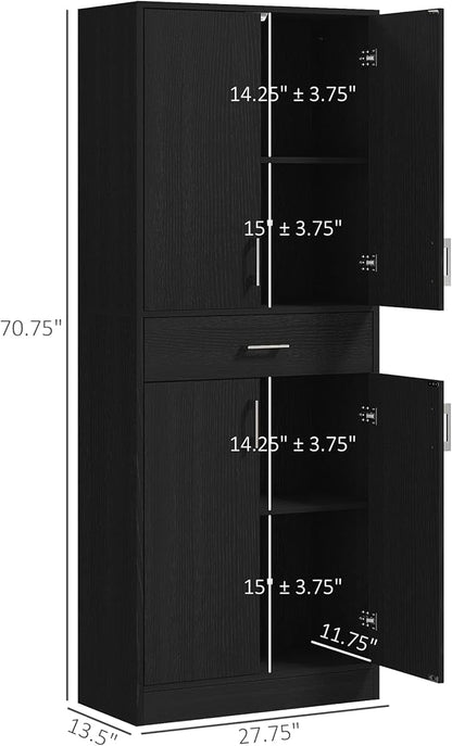 71" Kitchen Pantry, Freestanding Storage Cabinet with Drawer and Adjustable Shelf, 2 Double Door Cupboards, Black, Easy to Maintain, for Dining Room