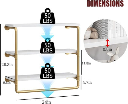 HOMEKAYT 24" Industrial Pipe Shelving, Floating Wall Shelves 3 Tier Gold Shelves with Haning Rod Multiple Use for Kitchen, Bedroom,Living Room,Bathroom