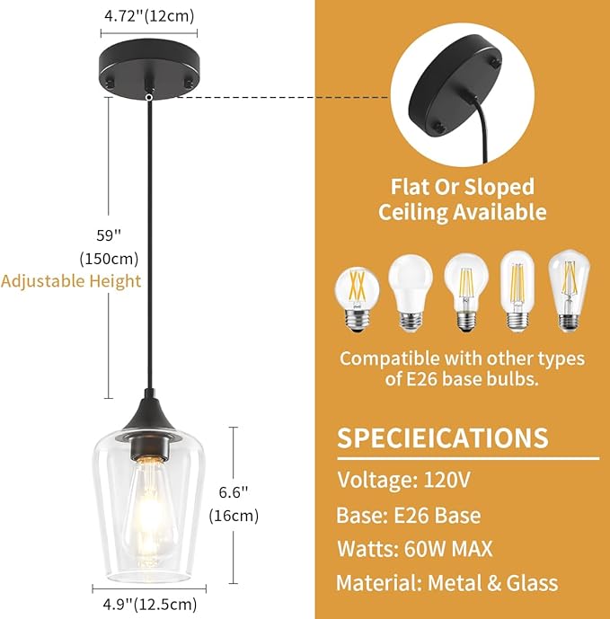 3-Pack Black Pendant Lights Kitchen Island, Modern Glass Pendant Lighting Over Island Kitchen Hanging Light Fixtures Hallway Pendant Lights for Bathroom Dining Room Entryway Foyer Bedroom