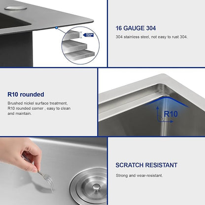 Dcolora Drop In Bar Sink 13x15x9 Inches, Workstation with Accessories, Brushed 304 Stainless Steel, Heavy Duty 16 Gauce, Small Single Bowl Perfect for Small Kitchen, Bar, Kitchen Island #DC-TW258005