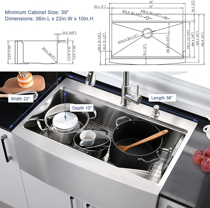36 Inch Stainless Steel Farmhouse Sink Drop In-Hovheir 36x22 Drop In Top Mount Farm Sink Workstation 16 Gauge Stainless Steel Single Bowl Deep Kitchen Sinks Apron Sinks with Cutting Board