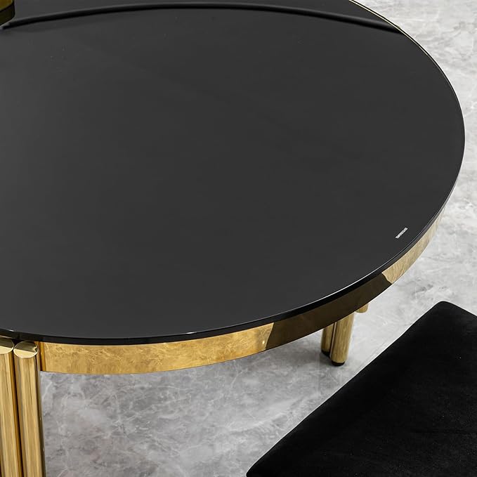 Luxury Modern 70" Oval Black Dining Table with Tempered Glass Top and Gold Stainless Steel Base – Elegant Dining Room Furniture